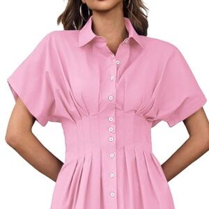 NWT Flowy Dress V-neck pink color block  Button-Down collar midi Dress